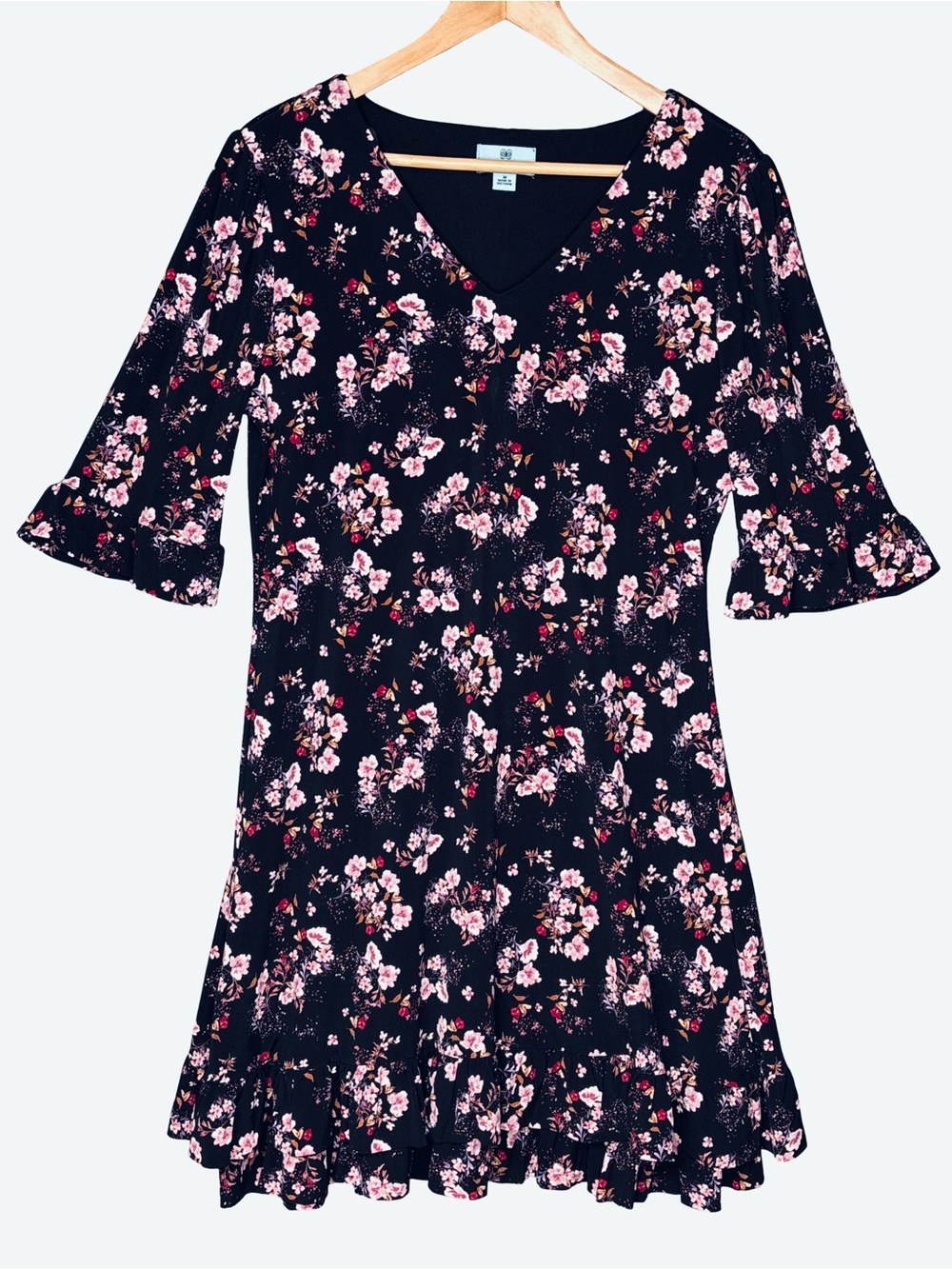 CeCe Black Floral V-Neck Ruffle Hem Dress Medium